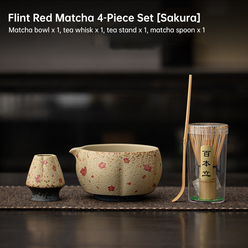 2-8PCS Japanese Flint Red Matcha Set: Bamboo Whisk, Bowl, Box – Exquisite Tea Tools Gift