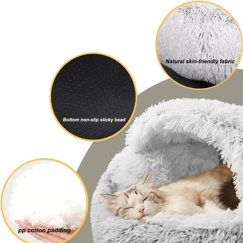 Ronde Pluche Huisdiermand – Fluffy Donut Kattenbed en Warm Slaapzak Kussen