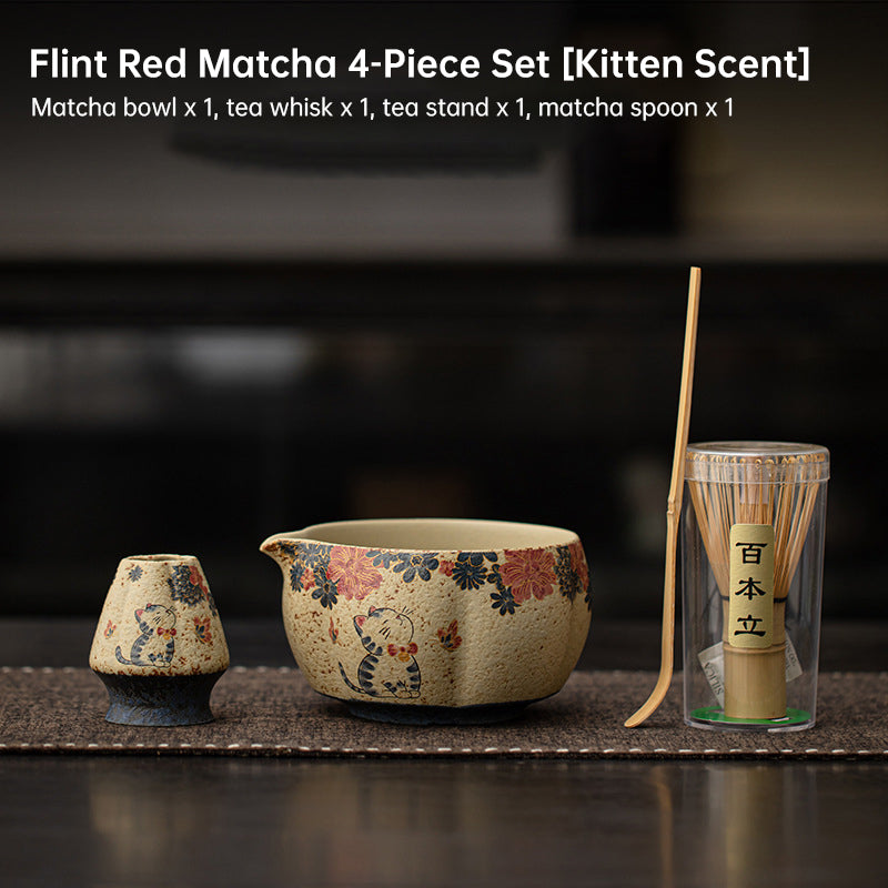 2-8PCS Japanese Flint Red Matcha Set: Bamboo Whisk, Bowl, Box – Exquisite Tea Tools Gift