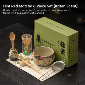 2-8PCS Japanese Flint Red Matcha Set: Bamboo Whisk, Bowl, Box – Exquisite Tea Tools Gift