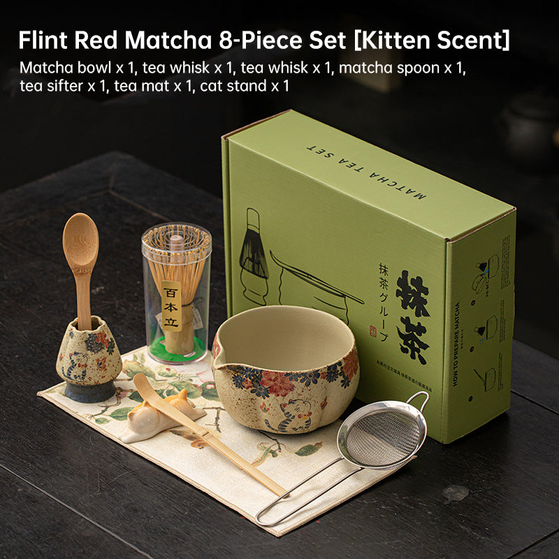 2-8PCS Japanese Flint Red Matcha Set: Bamboo Whisk, Bowl, Box – Exquisite Tea Tools Gift