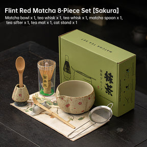 2-8PCS Japanese Flint Red Matcha Set: Bamboo Whisk, Bowl, Box – Exquisite Tea Tools Gift