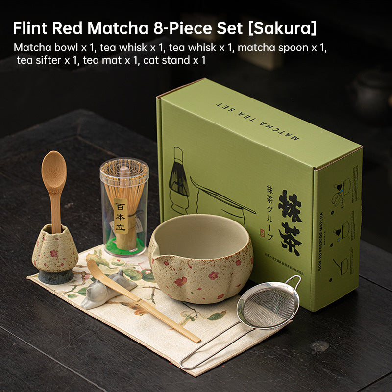 2-8PCS Japanese Flint Red Matcha Set: Bamboo Whisk, Bowl, Box – Exquisite Tea Tools Gift